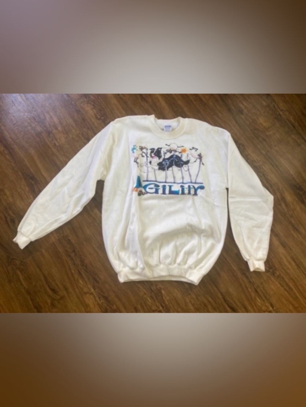 Gildan White Crewneck Sweatshirt with Colorful Border Collie Agility Graphic